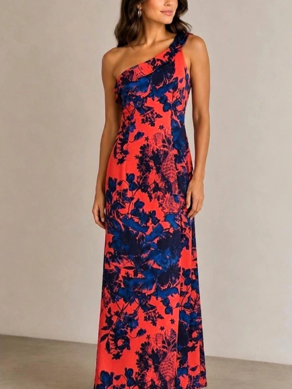 Black Halo Floral One-Shoulder Maxi Dress in Red & Blue Like New